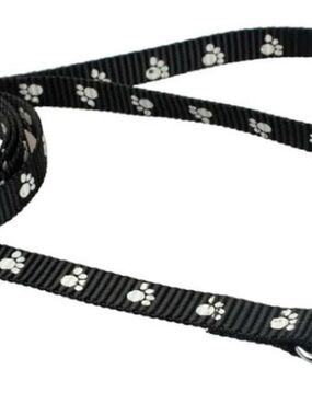 Reflective Dog Leash: Black Nylon with Paw Prints 5' Medium Breed